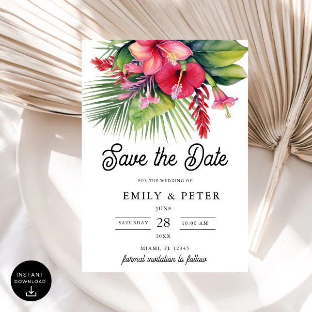 Modern Watercolor Tropical Botanical Save the Date Invitation (Creator Uploaded)