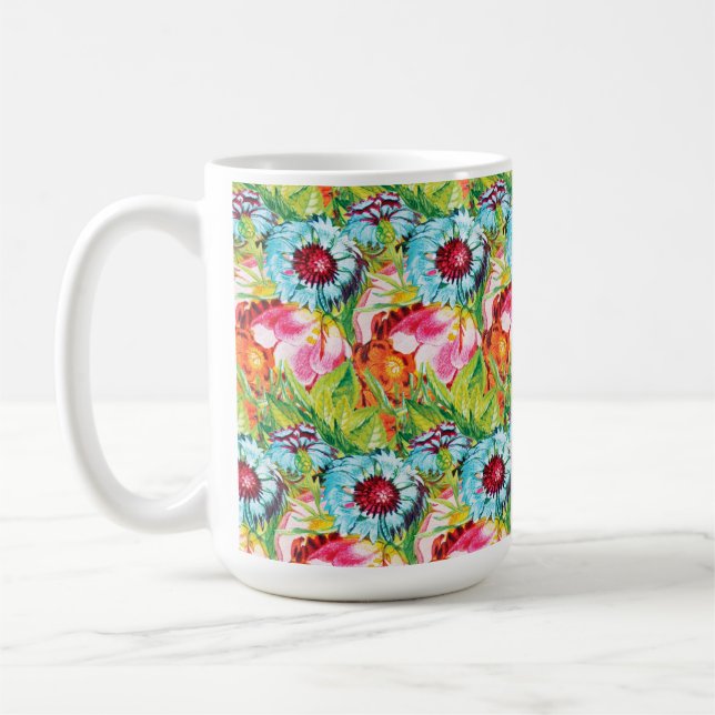Modern Watercolor Tropical Flowers Seamless Patter Coffee Mug (Left)