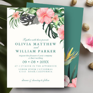 Modern Watercolor Tropical Flowers Summer Wedding Invitation