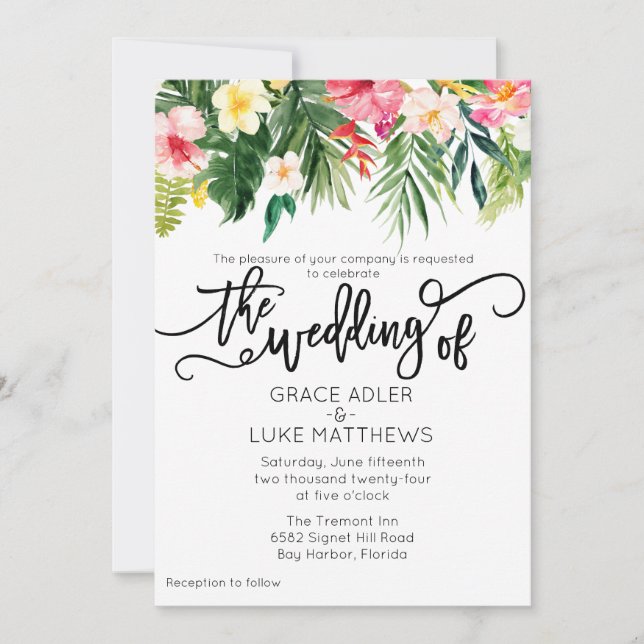 Modern Watercolor Tropical Flowers Wedding Invitation (Front)