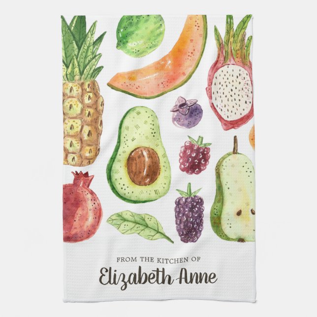 Modern Watercolor Tropical Fruits Food Script Name Tea Towel (Vertical)