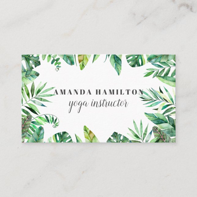 Modern Watercolor tropical green foliage Business Card (Front)