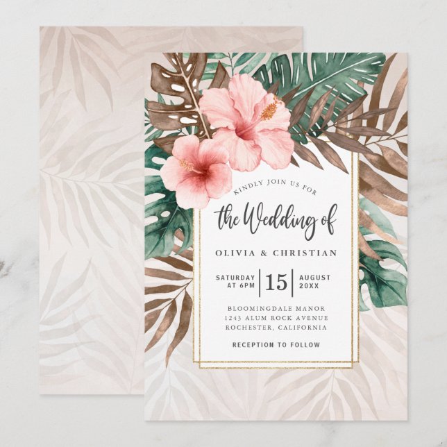 Modern Watercolor Tropical Greenery Floral Wedding Invitation (Front/Back)