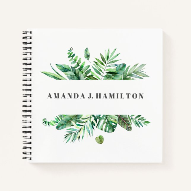 Modern Watercolor tropical leaves green foliage Notebook (Front)