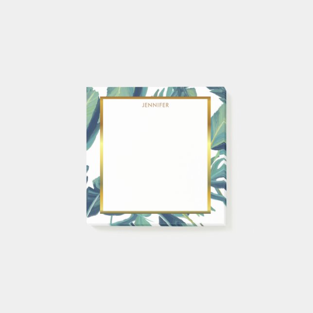 Modern watercolor tropical leaves monogram name post-it notes (Front)