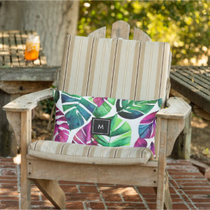 Modern watercolor tropical leaves monogrammed lumbar cushion