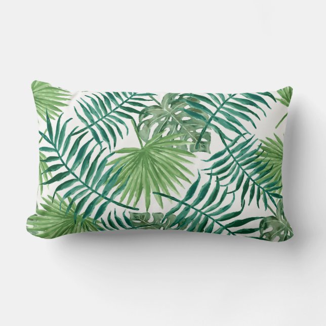 Modern watercolor tropical leaves pattern lumbar cushion (Front)