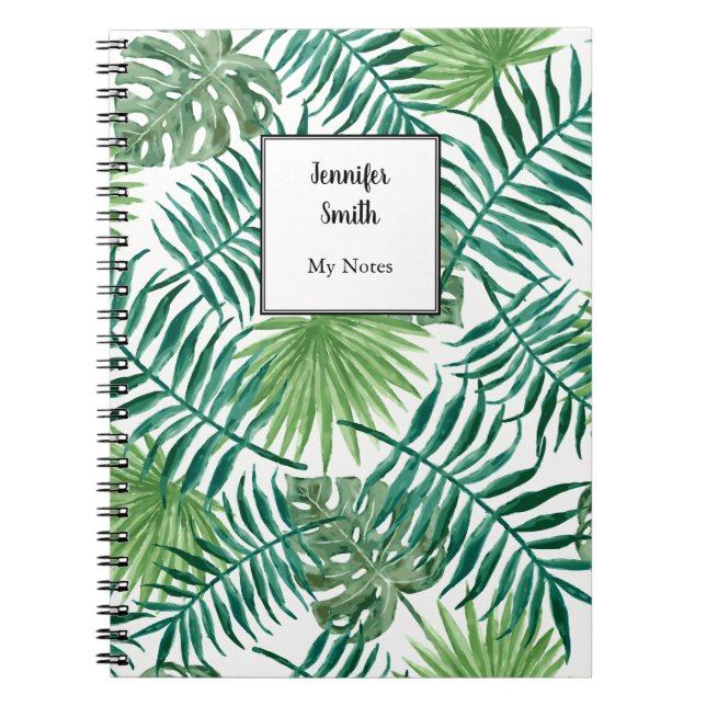 Modern watercolor tropical leaves personalised notebook (Front)