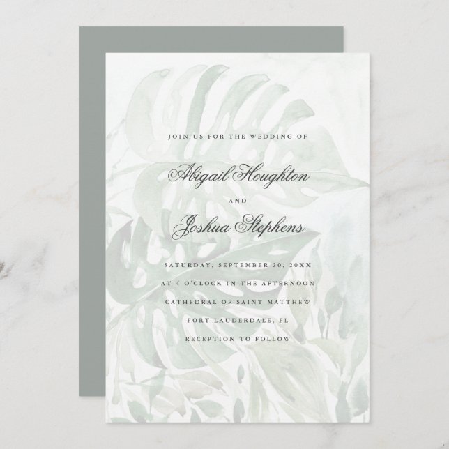 Modern Watercolor Tropical Monstera Leaves Wedding Invitation (Front/Back)