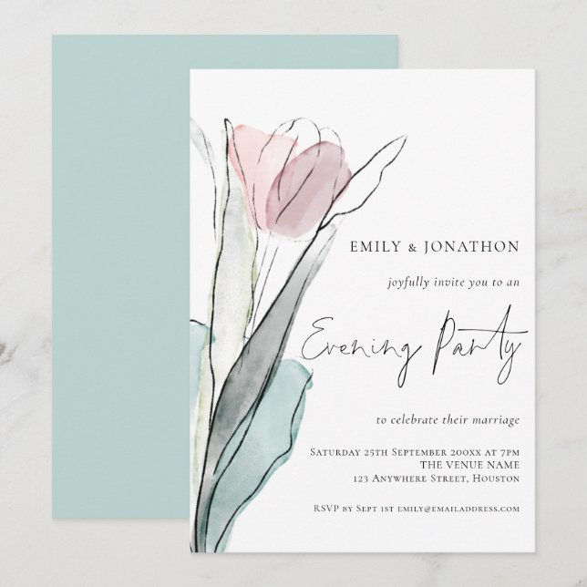 Modern Watercolor Tulip Wedding Evening Party Invitation (Front/Back)