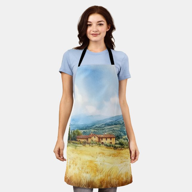 Modern Watercolor Tuscan Mediterranean Countryside Apron (Worn)