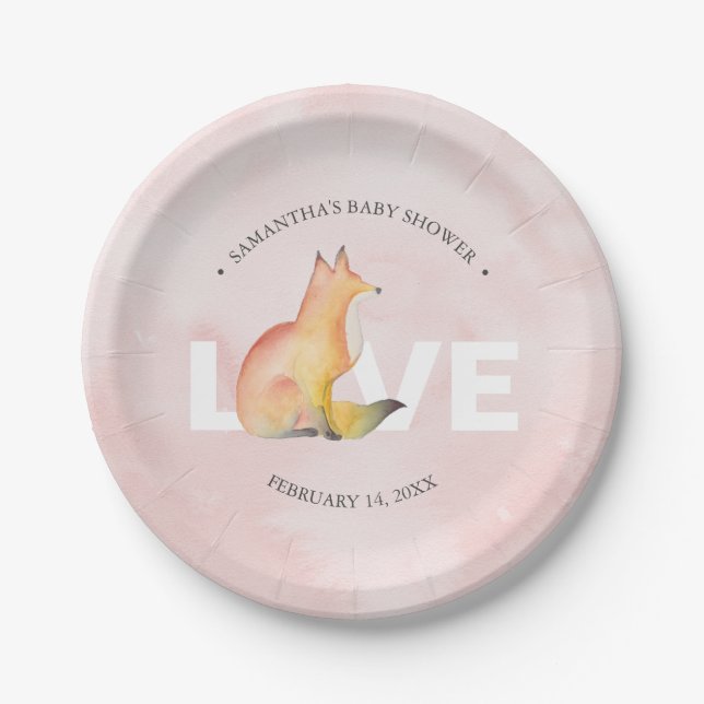 Modern Watercolor Valentine's Day Fox Paper Plate (Front)
