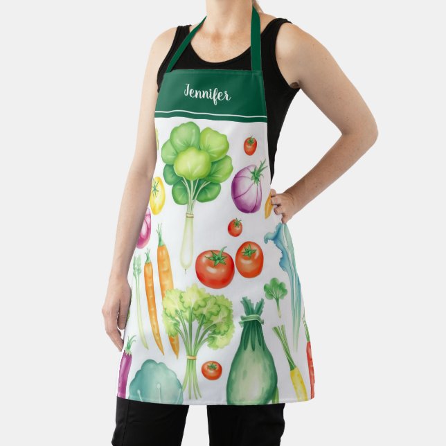 Modern watercolor vegetables pattern personalized apron (Insitu)