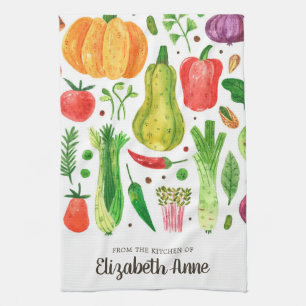 Modern Watercolor Vegetables Veggies Script Name Tea Towel