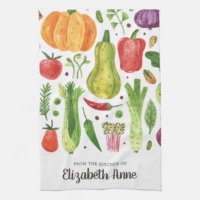 Modern Watercolor Vegetables Veggies Script Name Tea Towel (Vertical)