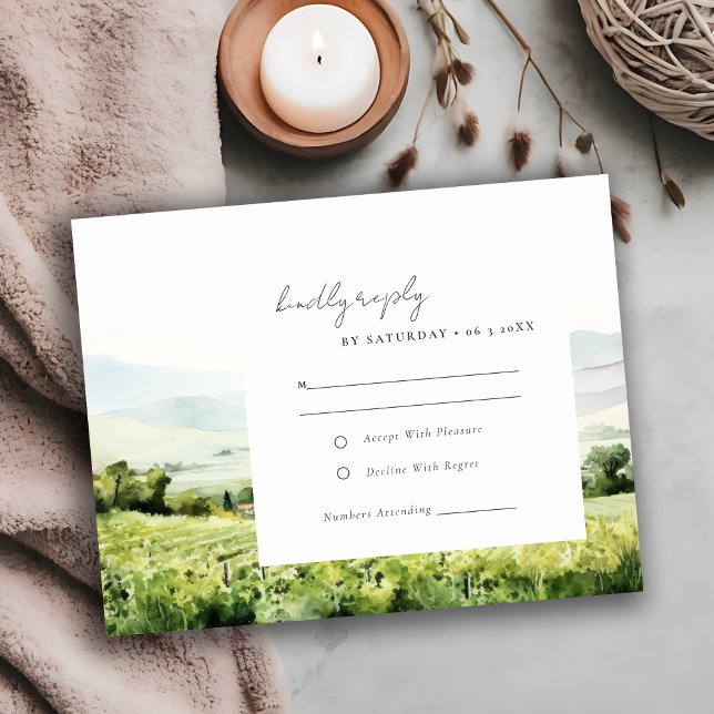 Modern Watercolor Vineyard Landscape Wedding RSVP Card (Creator Uploaded)