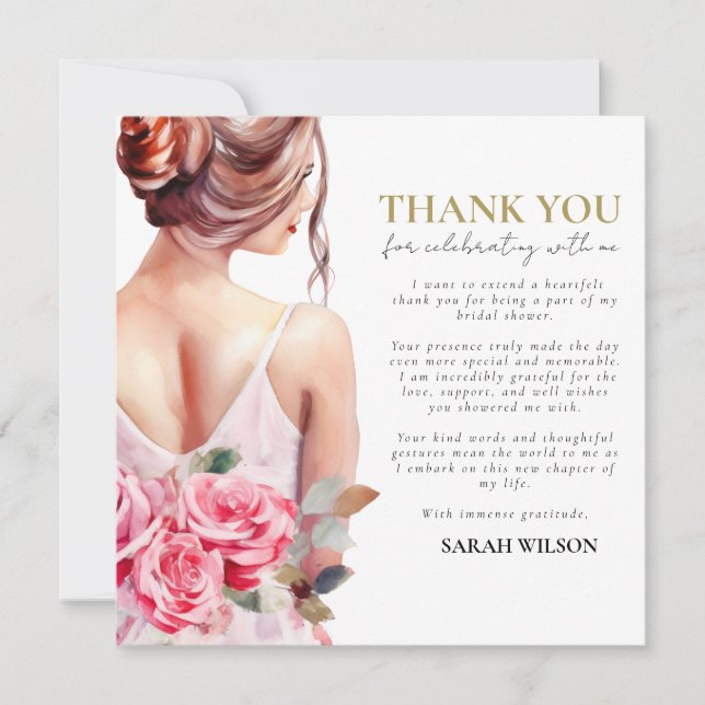 Modern Watercolor Wedding Bridal Shower, Thank You (Front)
