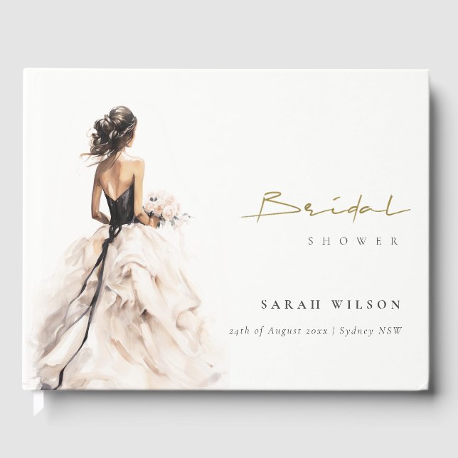 Modern Watercolor Wedding Gown Bridal Shower Guest Book (Front)