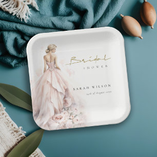 Modern Watercolor Wedding Gown Bridal Shower Paper Plate