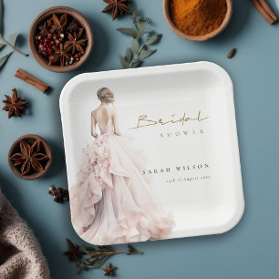 Modern Watercolor Wedding Gown Bridal Shower Paper Plate