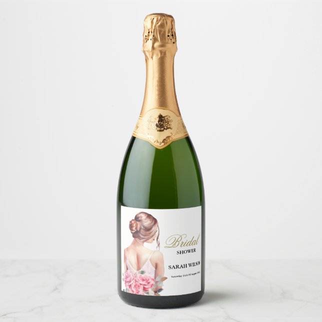 Modern Watercolor Wedding Gown Bridal Shower  Sparkling Wine Label (Front)