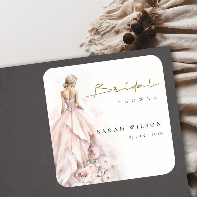 Modern Watercolor Wedding Gown Bridal Shower Square Sticker (Creator Uploaded)