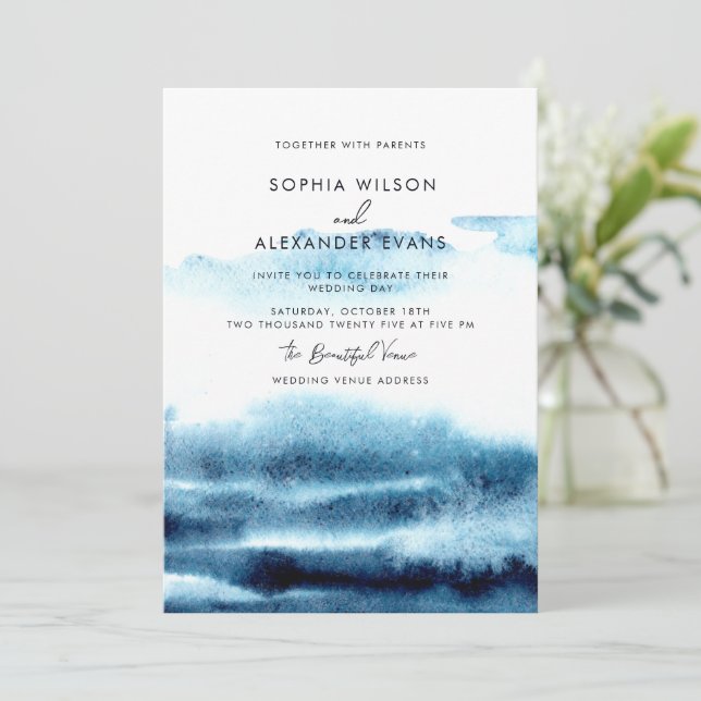 Modern Watercolor Wedding Invitations.  Invitation (Standing Front)