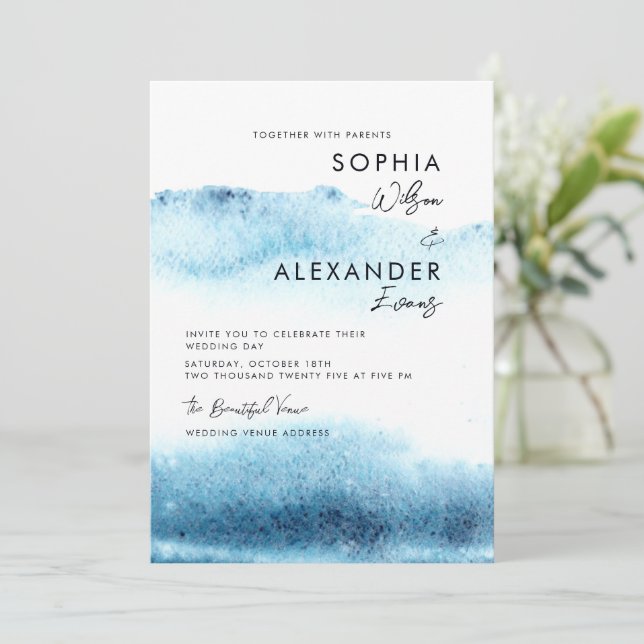 Modern Watercolor Wedding Invitations.  Invitation (Standing Front)