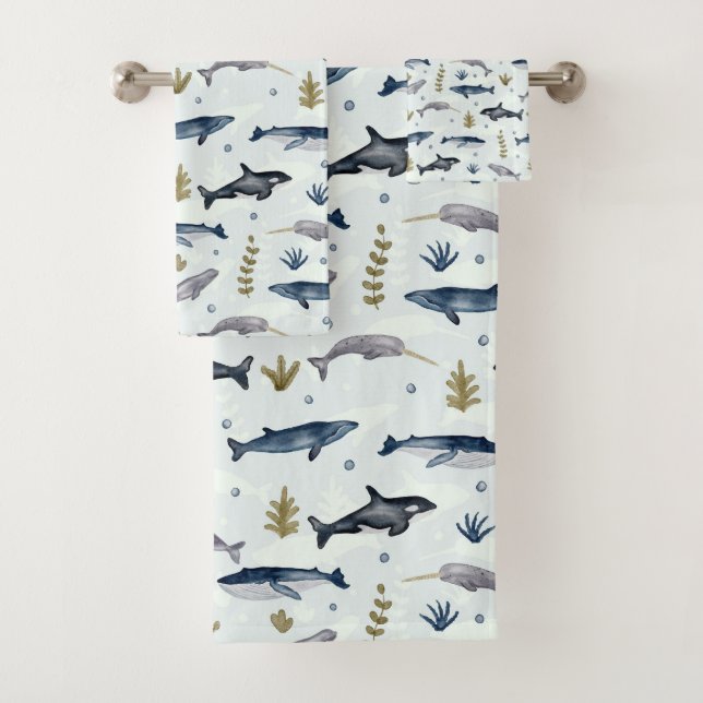 Modern Watercolor Whales bath towel set (Insitu)