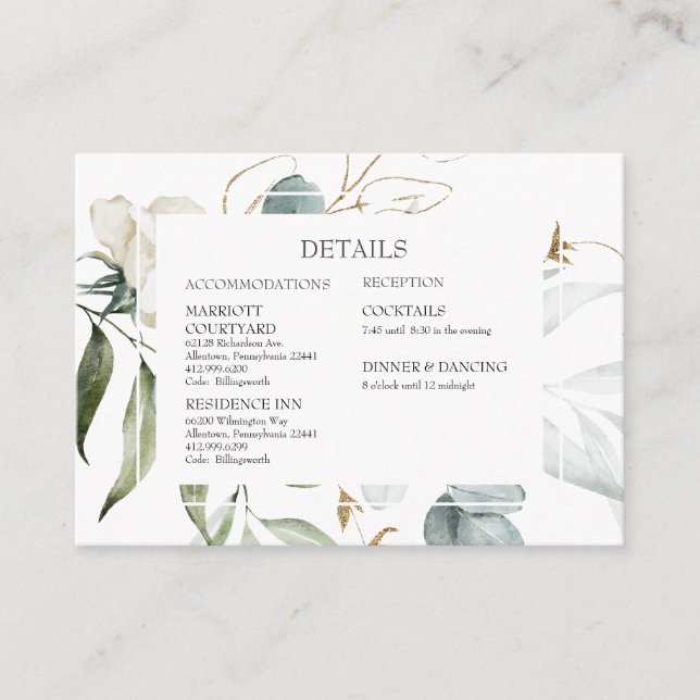 Modern Watercolor White Floral Details Wedding Enclosure Card (Front)