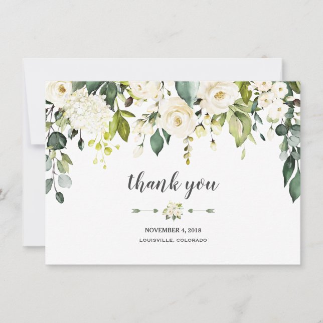 Modern Watercolor White Floral Wedding Thank you Card (Front)