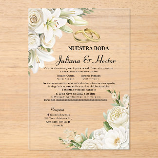Modern Watercolor White Gold Floral Wedding  Acrylic Invitations