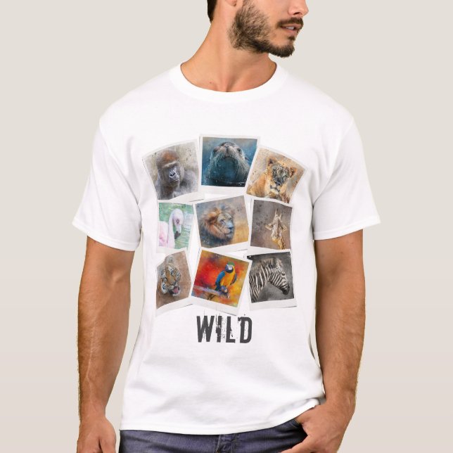 Modern Watercolor Wild Animal Photo Frame Collage T-Shirt (Front)