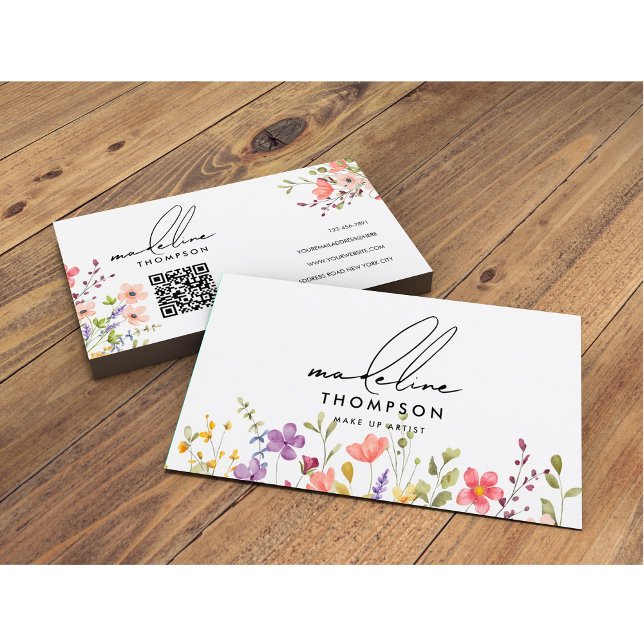 Modern Watercolor Wild Floral QR Code Business Card (Creator Uploaded)