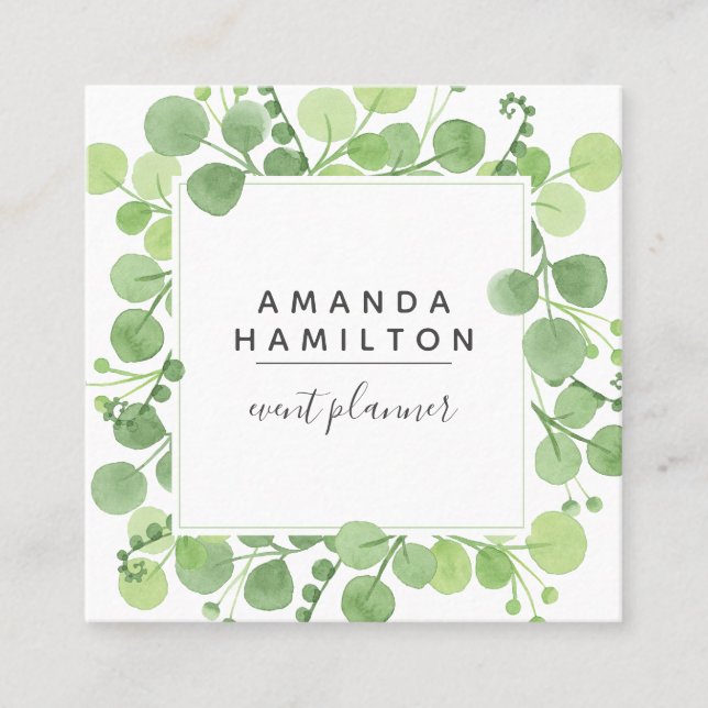 Modern Watercolor wild meadow greenery foliage Square Business Card (Front)