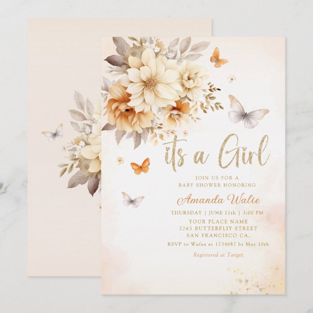 Modern Watercolor Wildflower Boho Girl Baby Shower Invitation (Front/Back)