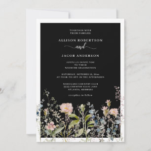 Modern Watercolor Wildflower Floral Black Wedding Invitation