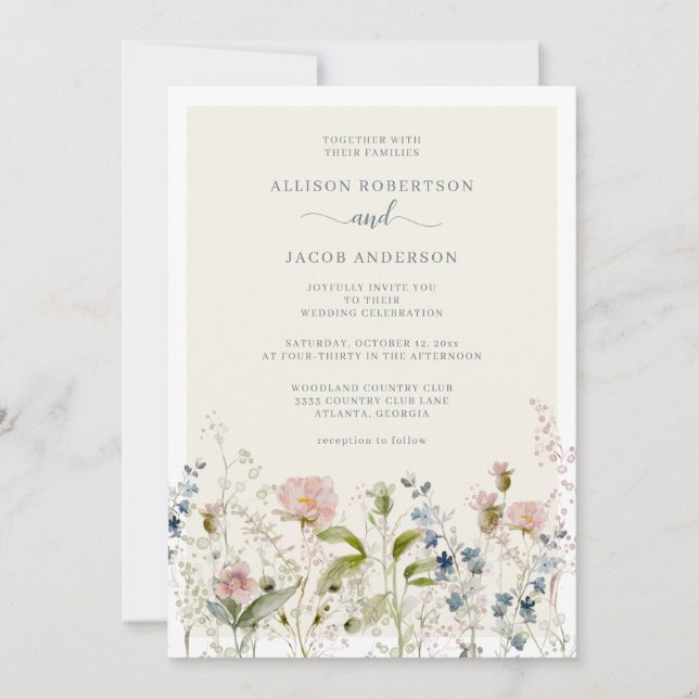 Modern Watercolor Wildflower Floral Blue Wedding Invitation (Front)