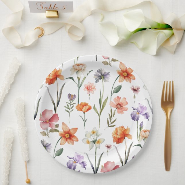 Modern Watercolor Wildflower Floral Pattern Paper Plate (Wedding)
