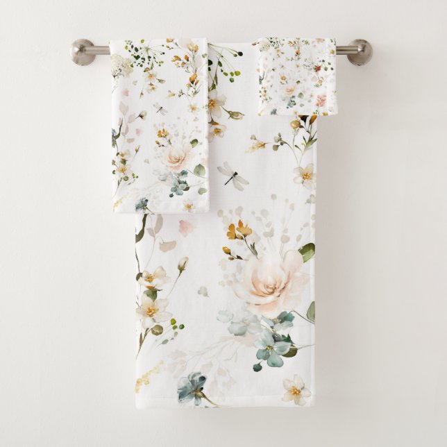 Modern Watercolor Wildflower Garden Bath Towel Set (Insitu)