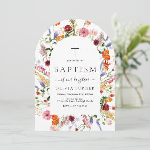 Modern Watercolor Wildflowers Arch Baptism Invitation