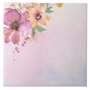 Modern watercolor wildflowers cute purple tile