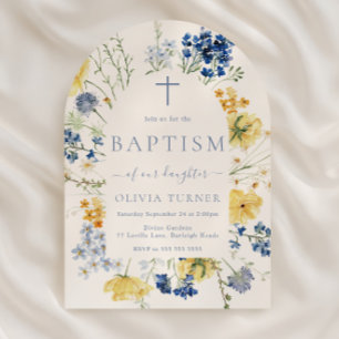 Modern Watercolor Wildflowers Girl or Boy Baptism Invitation