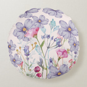 Modern watercolor wildflowers Pink Round Cushion