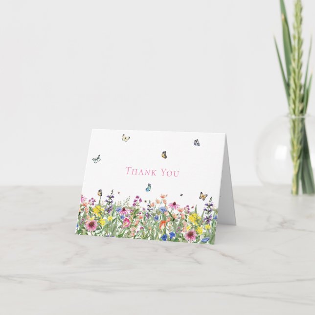 Modern Watercolor Wildflowers Wedding Thank You Card (Front)