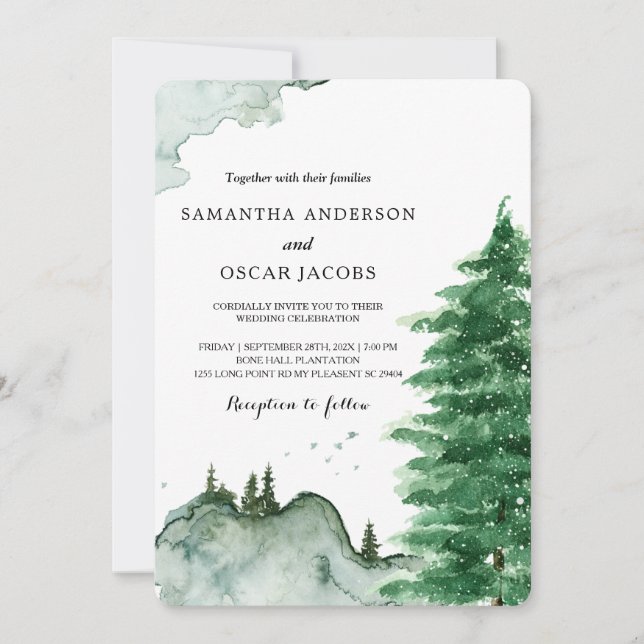 Modern Watercolor Winter Nature Green Trees Invita Invitation (Front)