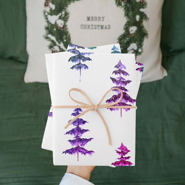 Modern Watercolor Winter Pine PurpleTree Christmas Wrapping Paper Sheet (Creator Uploaded)