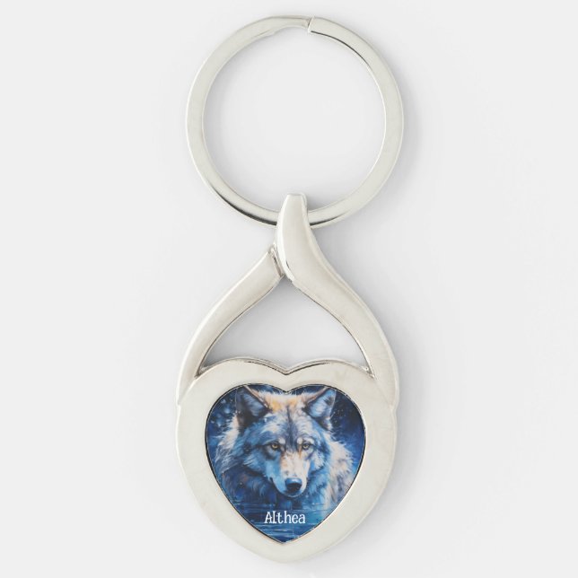 Modern Watercolor Winter Wolf Blue Key Ring (Front)