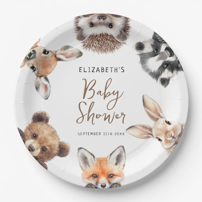 Modern Watercolor Woodland Animals Baby Paper Plate (Front)