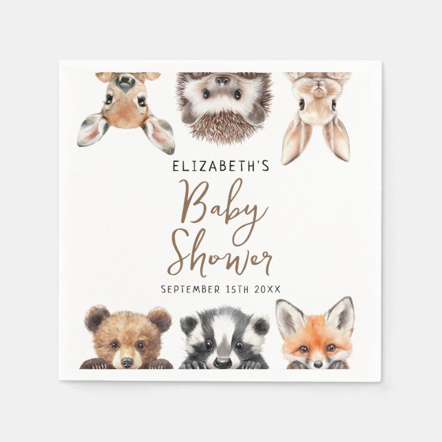 Modern Watercolor Woodland Animals Baby Shower Napkin (Front)
